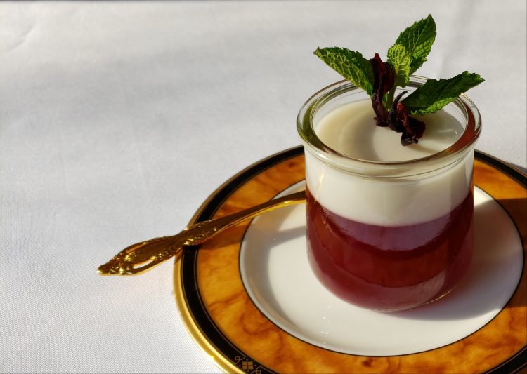 A closeup of this beautifully fragrant Easy 5 Ingredient Vegan Hibiscus Gelee with Coconut Milk vegan dessert.