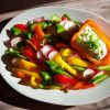 Easy Yogurt and Goat Cheese Dip. A tray of fresh summer vegetables surround a bell pepper that has been filled with this delicious dip.