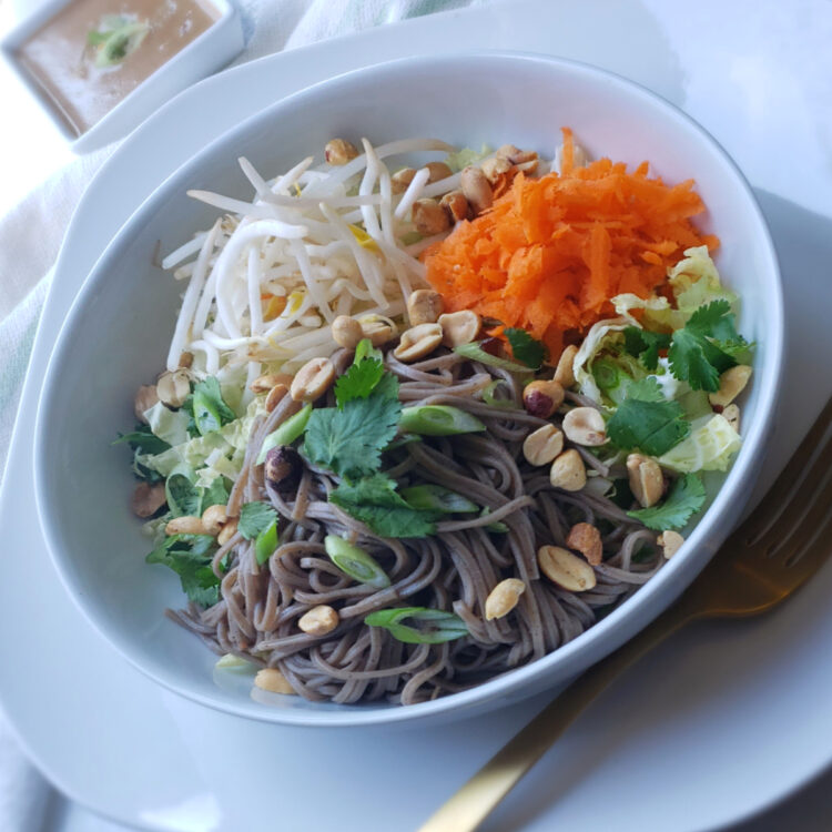 A beautiful bowl of Healthy 4-Element Soba Noodle Salad features fresh napa cabbage, shredded carrots, cilantro, bean sprouts, scallions and peanuts invites you to dig in. A cup of Easy 15-Minute Thai Peanut Coconut Sauce is in the background just waiting to join the salad.