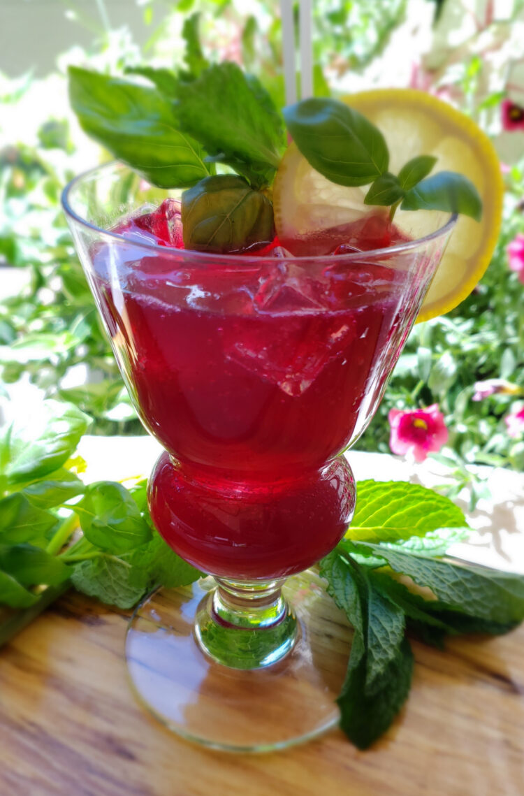 A tall glass of Bubbly Blueberry Basil Limeade sits proudly topped with ice, a slice of lemon and fresh basil and mint. Sunlight and garden flowers brighten the background.
