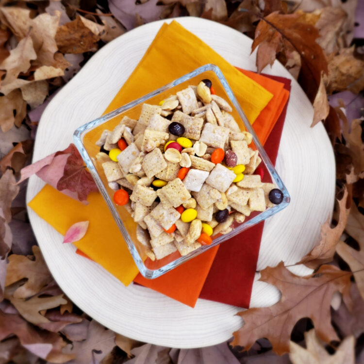 A bowl of Easy 20 Minute Pumpkin Spice Snack Mix sits on top of a round wooden cross section of a tree in the middle of the woods. Fall leaves are all around it.