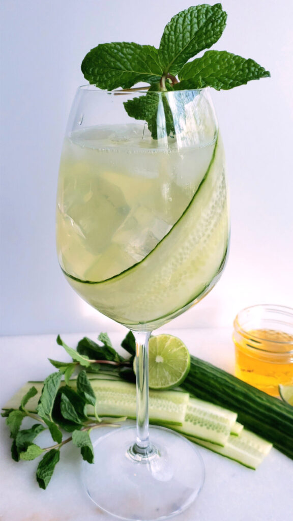 A sprig of fresh mint garnishes the rim of this Delicious 6 Ingredient Cucumber Mint Fizz Mocktail.