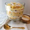 In this Tempting 4-Element Trifle, layers of tender sponge, fresh fruit, pastry cream and mascarpone whipped cream are served in an elegant bowl.
