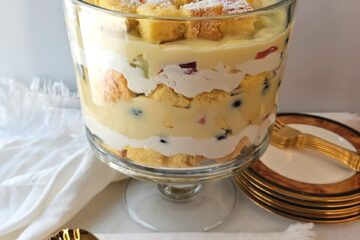In this Tempting 4-Element Trifle, layers of tender sponge, fresh fruit, pastry cream and mascarpone whipped cream are served in an elegant bowl.
