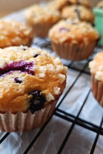 These delightful Lemon Blueberry Muffins sit cooling on a baking rack on the kitchen counter.