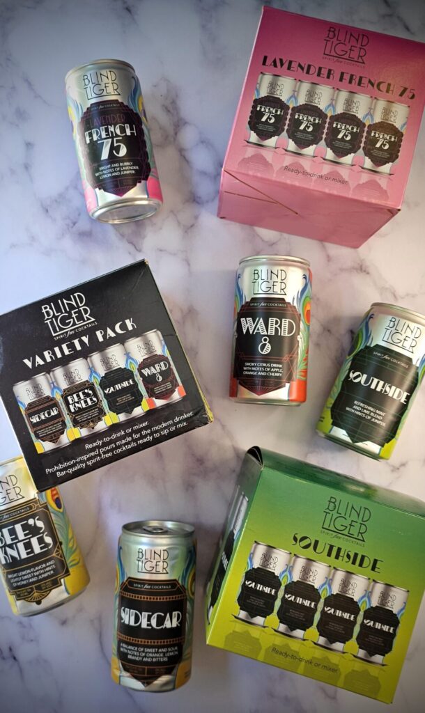 Blind Tiger Lavender French, Sidecar and Variety Pack packaging are shown in this post for Heavenly Lavender French 75 Blueberry Sorbet.