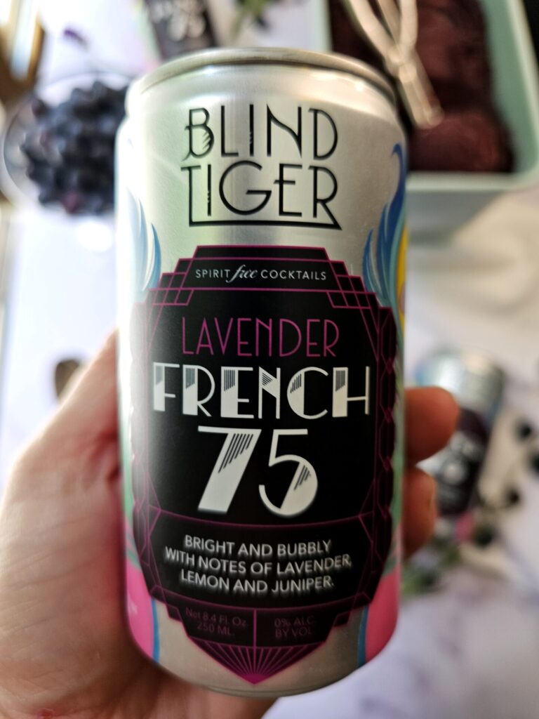 A cas of Blind Tiger Lavender French 75 spirit free mixer is used in this recipe for Heavenly Lavender French 75 Blueberry Sorbet.