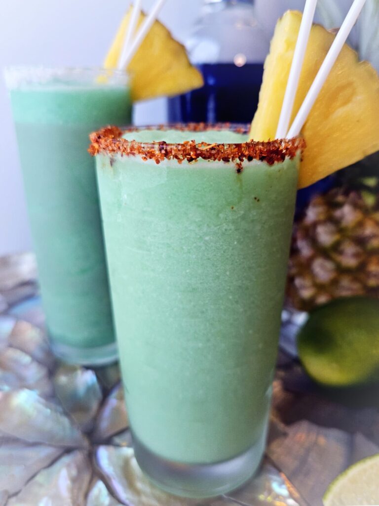 Closeup of this Gorgeous Honolulu Blues Cocktail 2 Ways