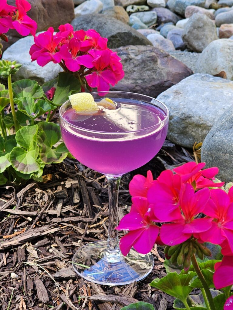 A glass of butterfly pea flower gin sour sits in a bed of spring flowers.