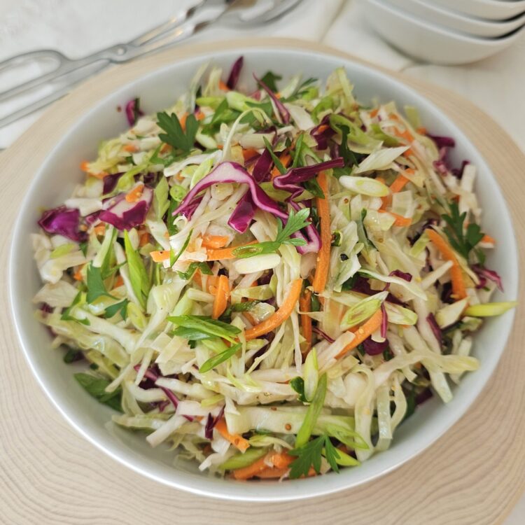 A bowl of Easy Cider Vinegar Coleslaw in 1 Hour