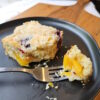 Peaches and blackberries in every bite of a plated square of this Blackberry Peach Coffee Cake.