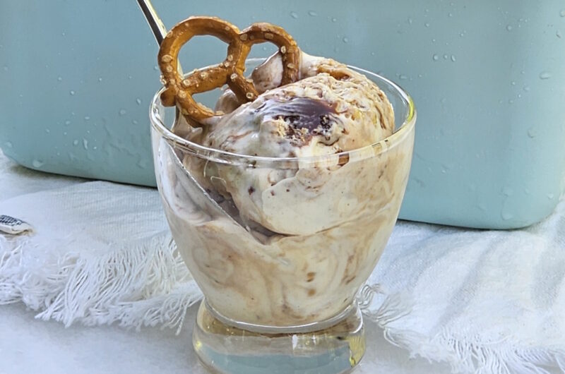 No Churn Peanut Butter Ice Cream with Salted Pretzel Bits and Fudge Swirl