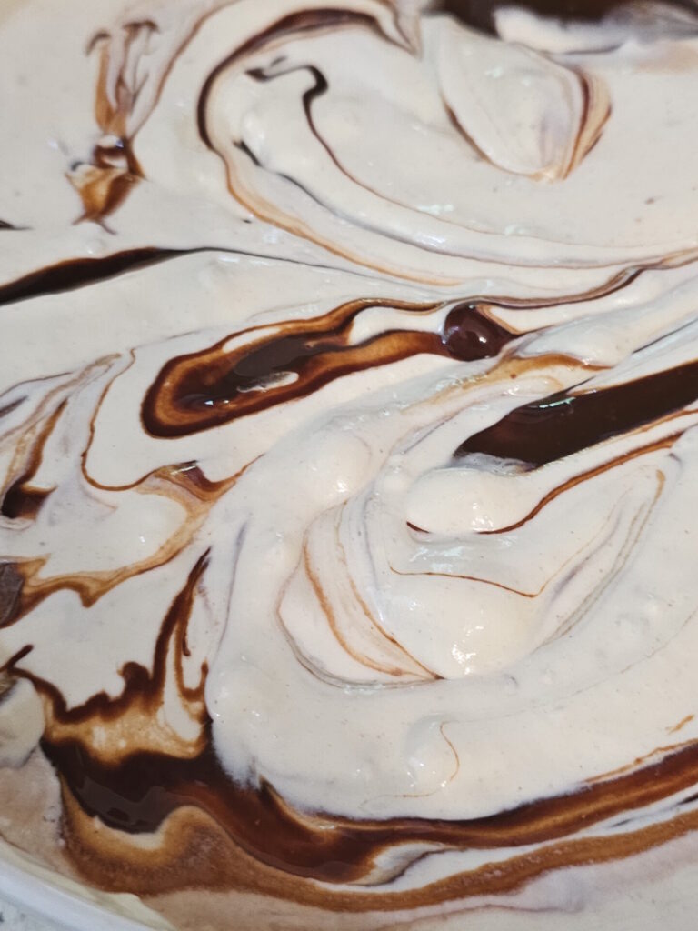 Swirls of fudge in Peanut Butter Ice Cream.