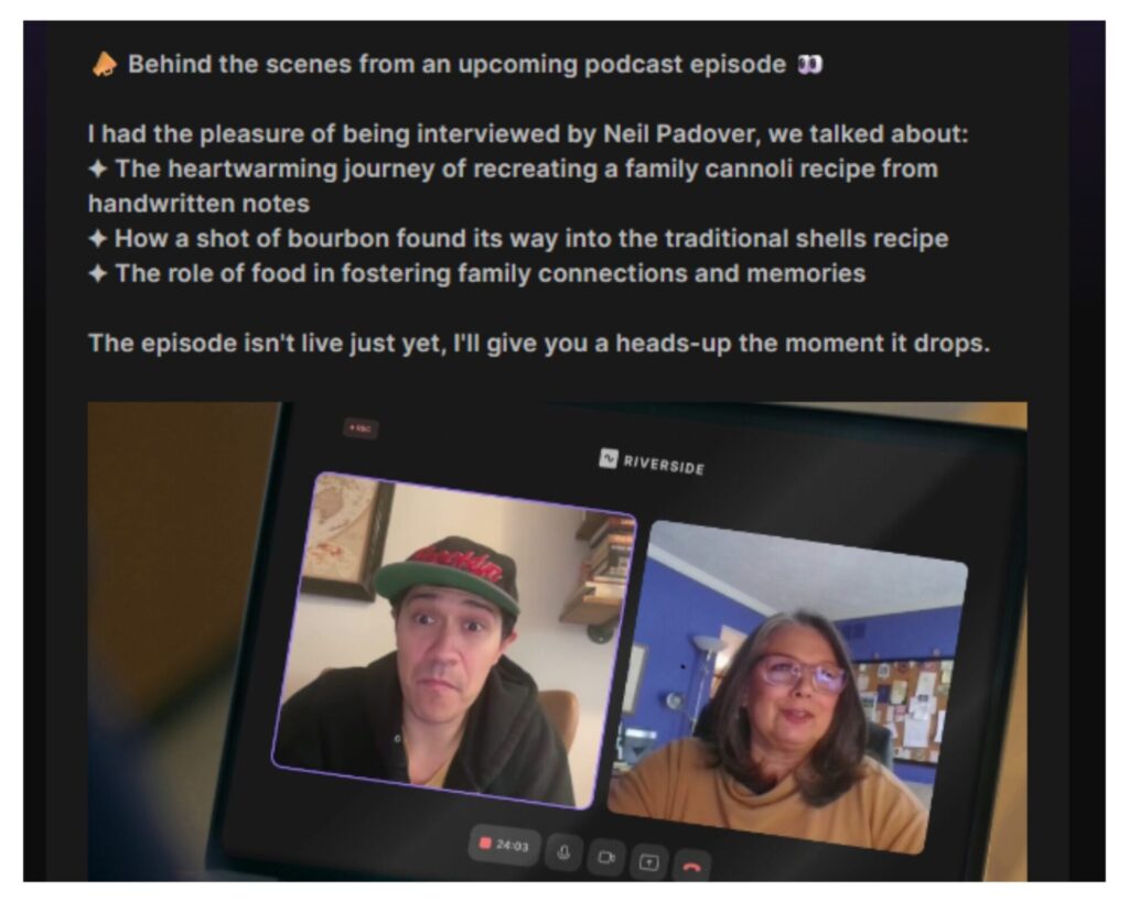 Screen shot of Maria being interviewed for the Holy Cannoli! episode.